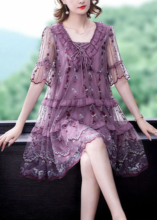 Score The Best Deals Before Monday Boutique Purple Ruffles Print Hollow Out Tulle A Line Dresses Summer