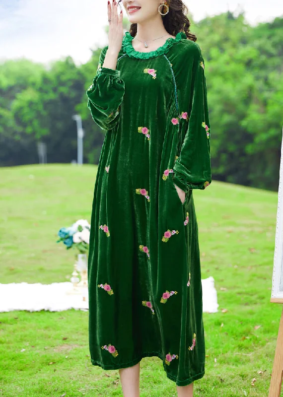 Chic Styles Italian Green Ruffled Embroideried Patchwork Silk Velour Dresses Fall