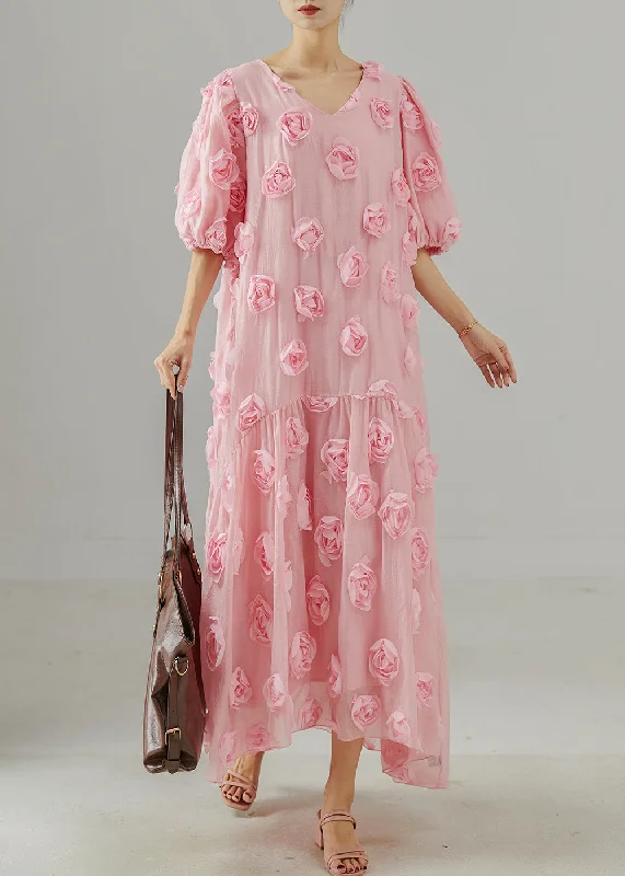 Chic Wardrobe Essentials Beautiful Pink Oversized Stereoscopic Floral Cotton Party Dress Summer