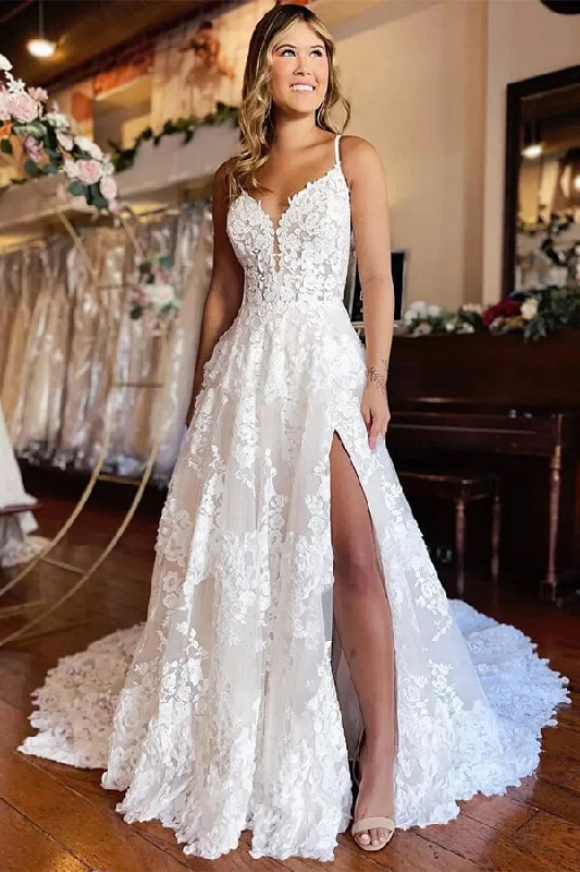 Affordable Online Boutique Roycebridal Tulle A-line Spaghetti Straps Sweetheart Wedding Dresses With High Slit, MW864