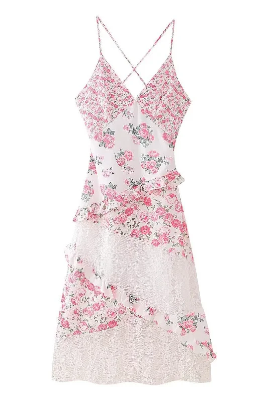 Exclusive Sale Pink Floral Print Ruffles Long Summer Dress