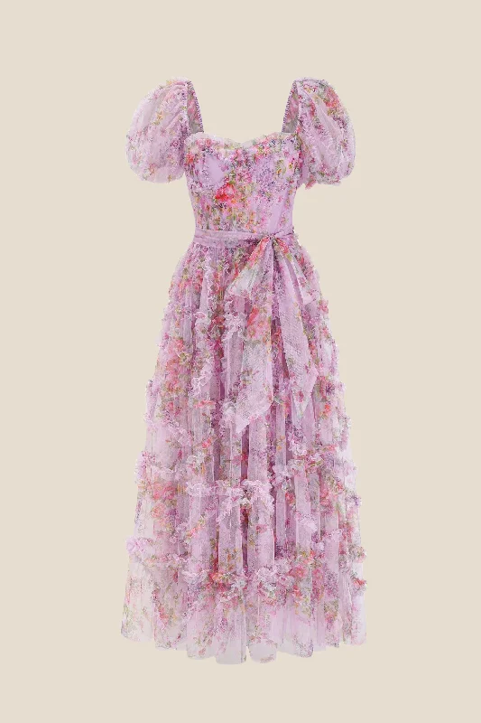 Vibrant Femme Fashion Bow Tie Purple Floral Print A-line Long Dress