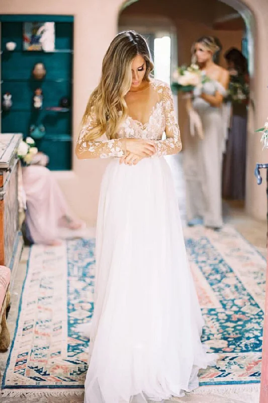 Trendy Styles Roycebridal Lace Backless A-Line V-neck Long Sleeves Wedding Dresses, Bridal Dresses, MW552
