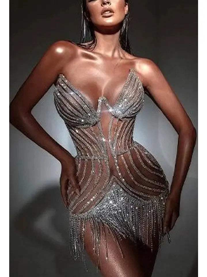 The Latest Fashion Trends Embellished Crystal Fringed Mesh Mini Dress