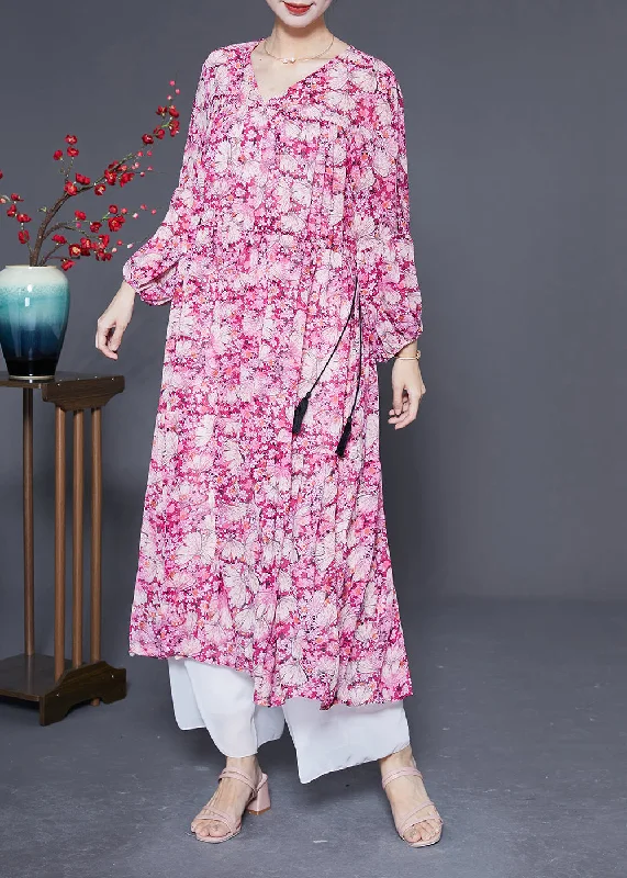 Flash Sale On Trendy Outfits – Don't Miss Out Bohemian Pink Oversized Print Drawstring Silk Vacation Dresses Spring