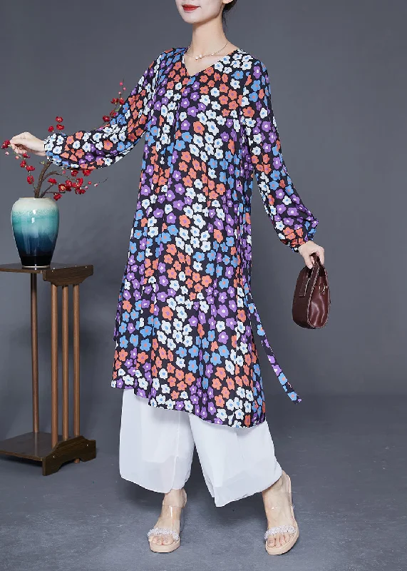 Women Clothing Italian V Neck Floral Print Silk Cinched Dresses Long Sleeve