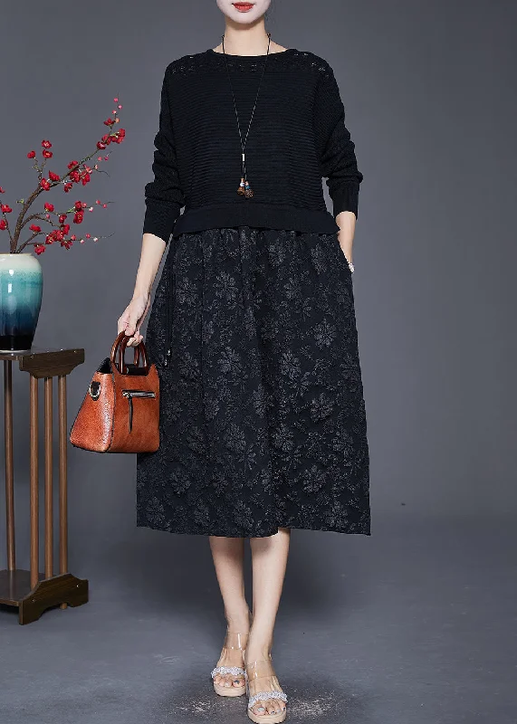 Everyday Fashion Black Patchwork Knit Holiday Dresses Jacquard Fall