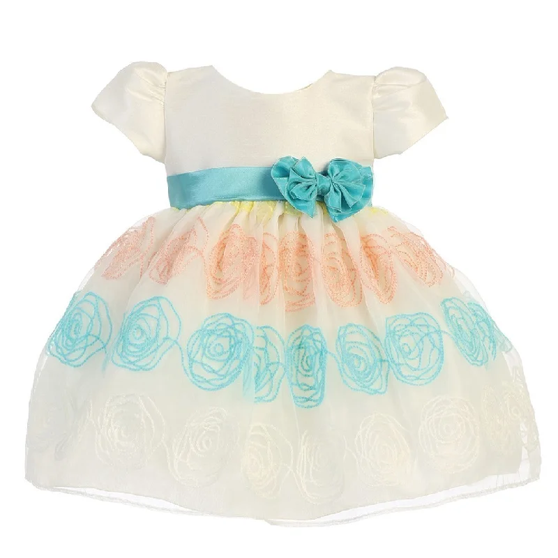 Affordable Women’s Clothing Sale Online Little Girls Ivory Teal Rosette Embroidered Organza Easter Dress 2-4T