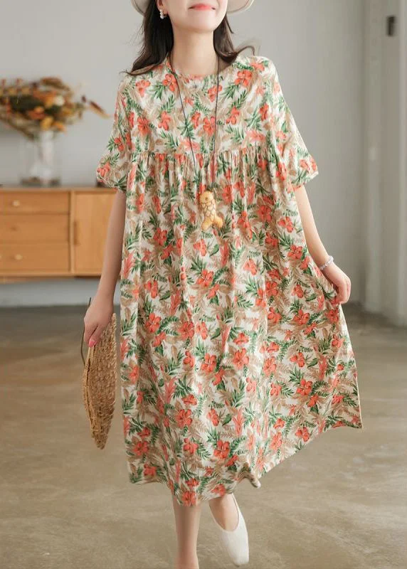 Women's Chic Fashion At Special Promotional Prices Bohemian Khaki Oversized Print Cotton A Line Dresses Short Sleeve