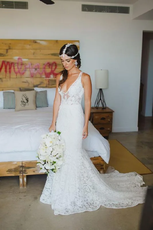 Fresh Styles, Fresh Deals Roycebridal White Tulle Deep V Neck Wedding Dresses with Sweep Train and Appliques, MW134