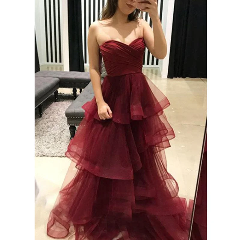 Women's Clothing Boutique Amazing Sweetheart Tiered Tulle Burgundy Prom Dress Long Girls Graduation Gown 2020