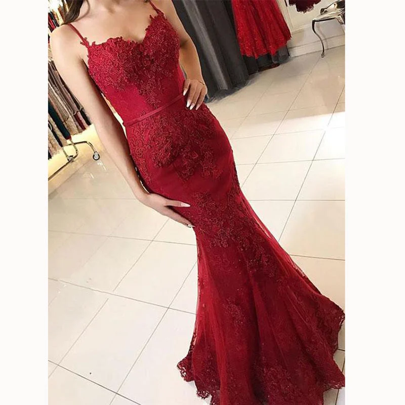 Holiday Gift Guide Sale Stunning Wine Red Spaghetti Straps Fishtail Prom Dress Lace Long Girls Evening Party Gown
