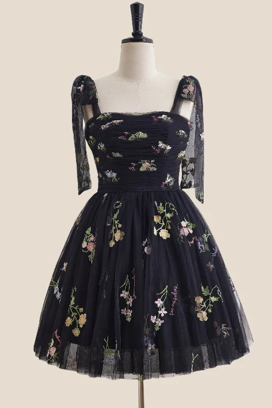 Casual Chic Straps Black Floral Ruched Tulle Short Dress