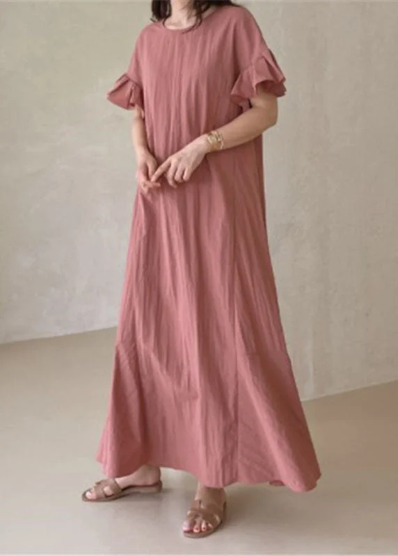 Unmissable Sale – Shop Before It'S Over Beautiful Pink O-Neck Ruffled Patchwork Cotton Dresses Summer