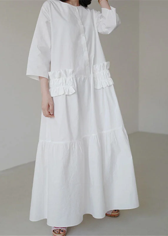 Affordable Luxury – Chic Clothing At Special Prices Simple White O Neck Ruffled Patchwork Cotton Dresses Summer