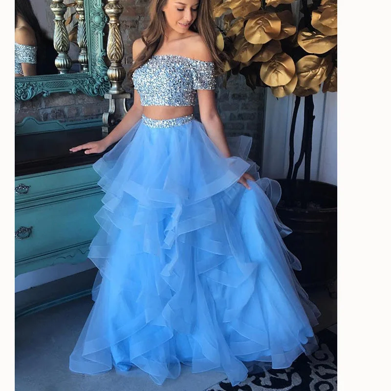 Exclusive Online Sale Baby Blue Short Sleeves Off Shoulder Two Pieces Lace Prom Dress Ruffles Girls Graduation Gown Crop Top MO002