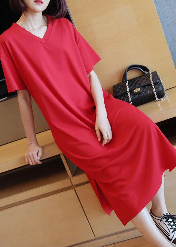 Shop Timeless Women's Fashion With Limited-Time Savings Red Cotton Straight Dresses V Neck Side Open Summer