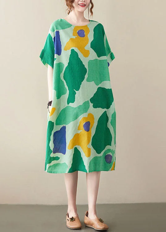 Exclusive Discounts Available Now Women Green Oversized Print Cotton Vacation Dresses Summer