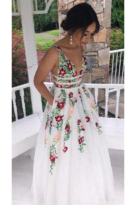 Unleash Your Style Elegant V-Neck Floral Embroidery Open Back Flower Prom Dresses With Pockets