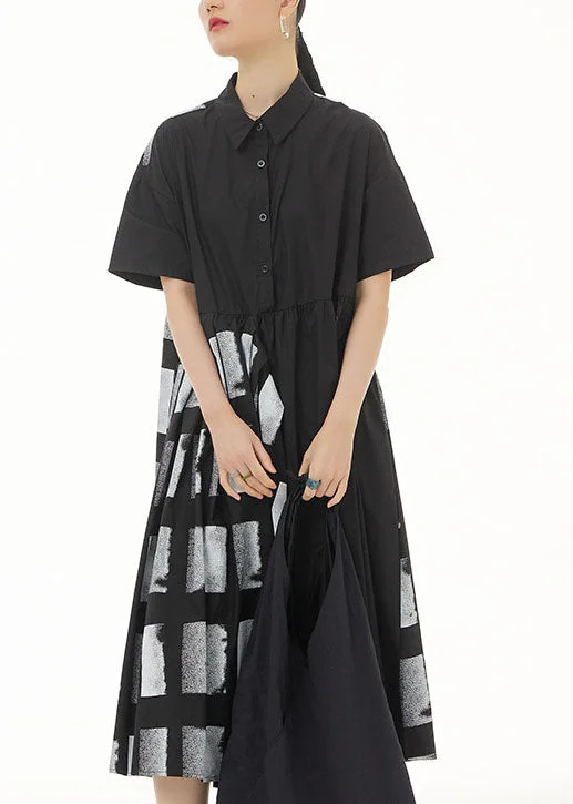 Get Ready For The Weekend With Big Savings Black Patchwork Cotton Dresses Peter Pan Collar Wrinkled Summer