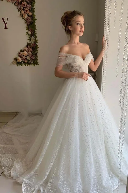 Women's Clothing Stores Roycebridal Shiny Ivory Tulle A-line Off Shoulder Wedding Dresses, Bridal Gowns, MW849