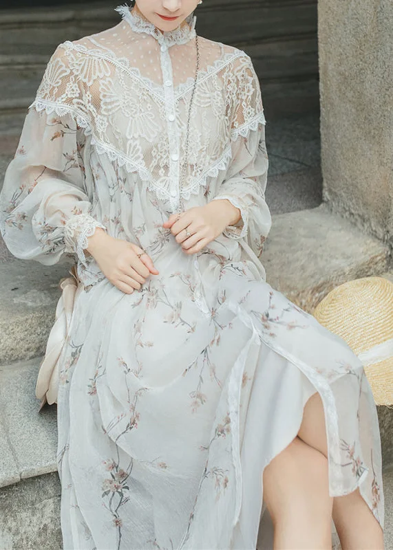 Mega Sales Beautiful White Print Lace Patchwork Chiffon Two Pieces Dresses Fall