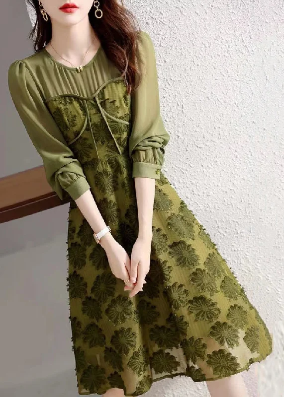 Seasonal Discounts On Fashionable Women's Wear Beautiful Army Green O Neck High Waist Patchwork Chiffon Dresses Fall