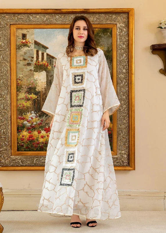 Boutique Dress Online Brief White O-Neck Embroideried Floral Tulle Maxi Dress Long Sleeve