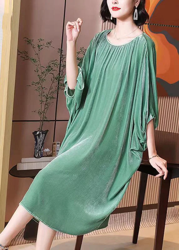Unleash Your Trend Driven Style Plus Size Light Green O Neck Patchwork Silk Velour Dresses Batwing Sleeve