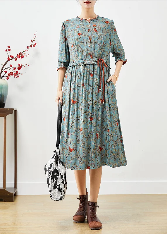 Best-Selling Outfits Now At Exclusive Promotional Prices Fine Blue Cinched Ruffled Print Cotton Dresses Bracelet Sleeve