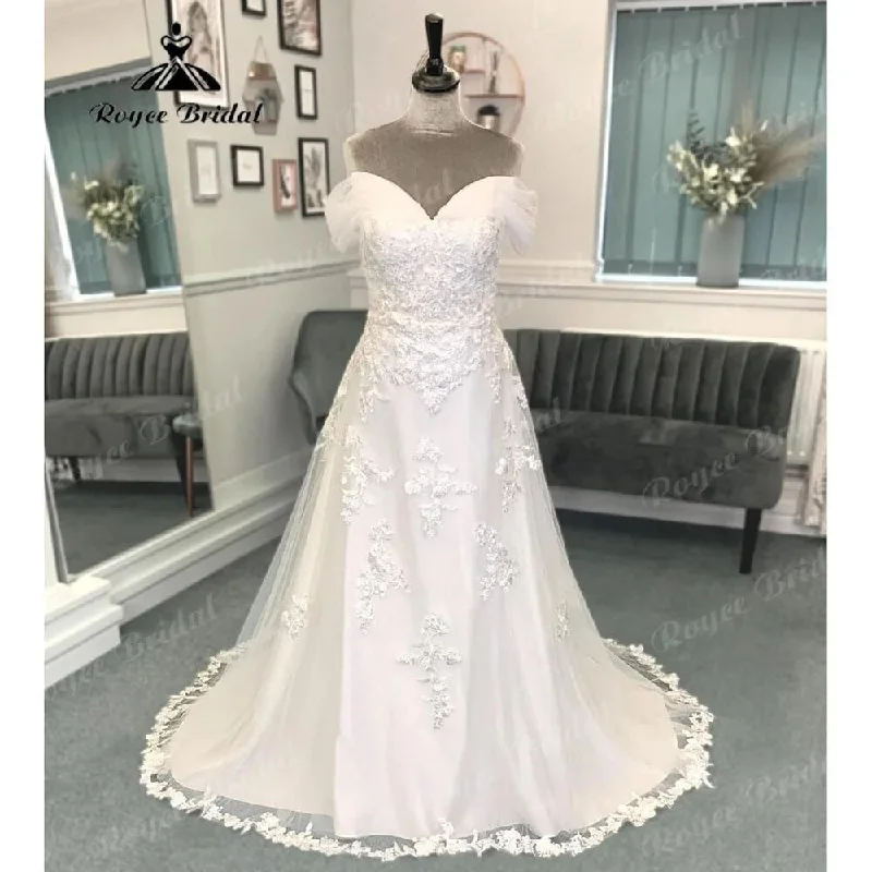 Edgy Fashion Vinatge Off Shoulder Wedding Dress with Cap Sleeve Lace Applique  Bridal Gown for Women Sweep Train suknia slubna Roycebrida