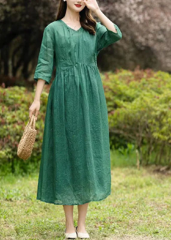 Chic Style, Always In Vogue Natural Green V Neck Embroideried Patchwork Linen Dresses Summer
