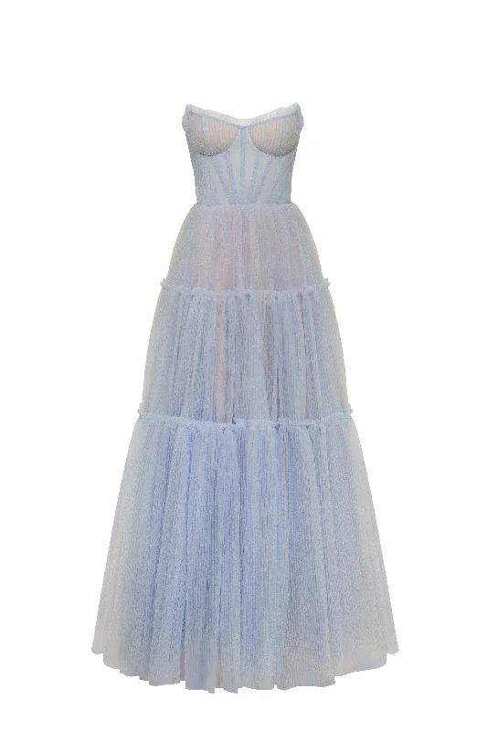 Chic Wardrobe Cloudy blue tulle maxi dress with ruffled skirt, Garden of Eden