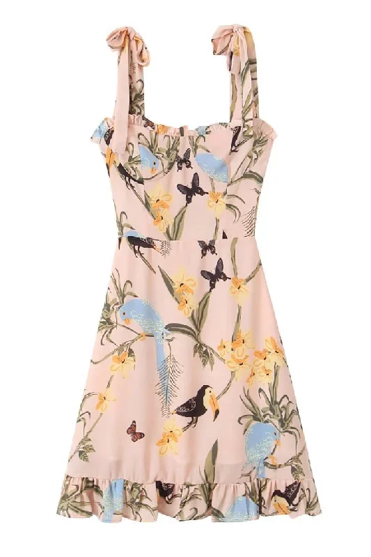 Stylish Savings Tie Shoulder Pink Floral Print Short Dress