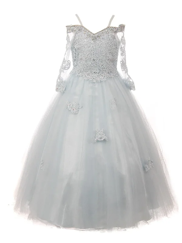 Women’s Casual and Dressy Outfits Little Girls Blue Off Shoulder Long Sleeve Rhinestone Pageant Dress 2-6
