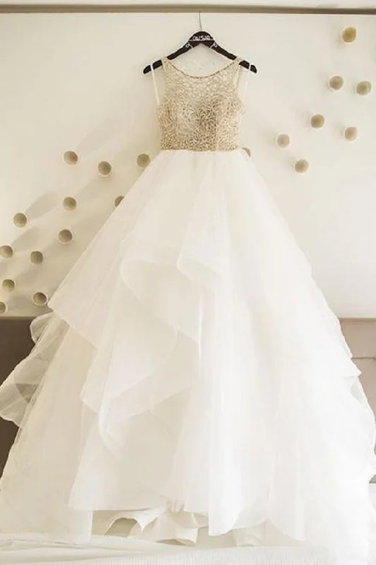 Elegant Attire For The Modern Lady Roycebridal Cheap Tulle White A line Floor Length Wedding Dresses Bridal Gowns, MW258