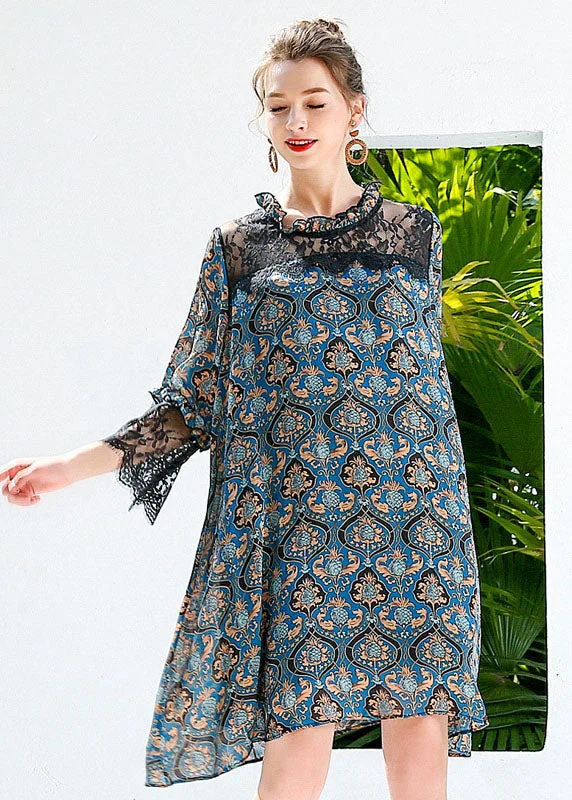 Women's Everyday Attire Women Blue Print Ruffled Lace Patchwork Hollow Out Chiffon Dresses Summer