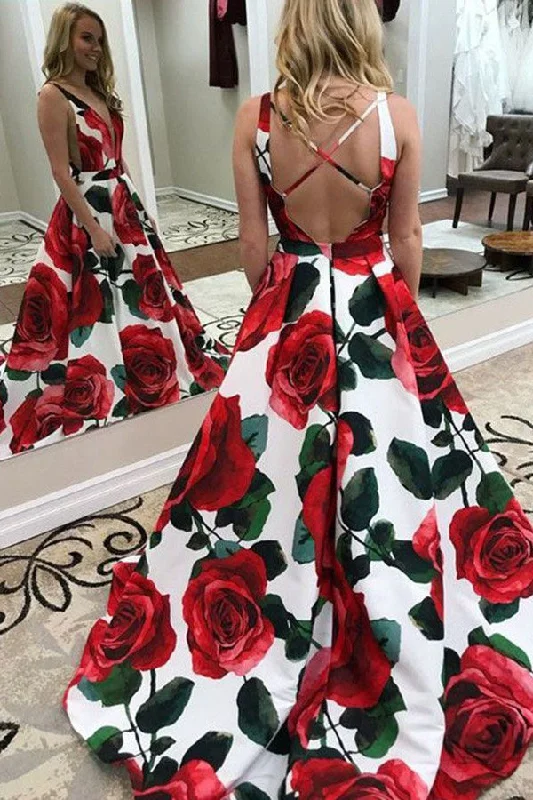 Cutting Edge Fashion New Red Floral Prom Dresses Deep V-Neck Sweep Train Printed Prom Dresses N1246