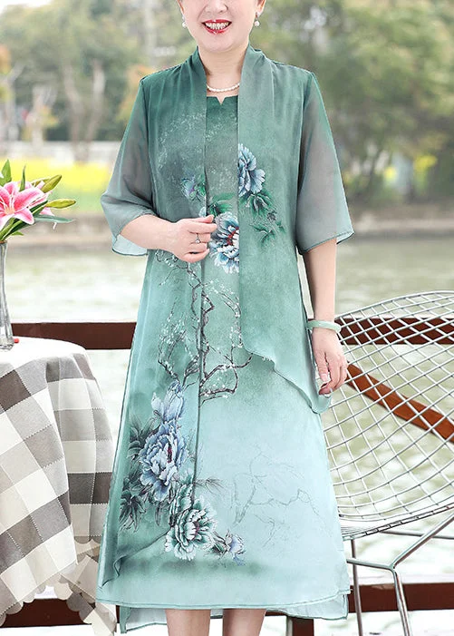 New In This Season Green Print Patchwork Chiffon Dresses False Two Pieces Summer Half Sleeve