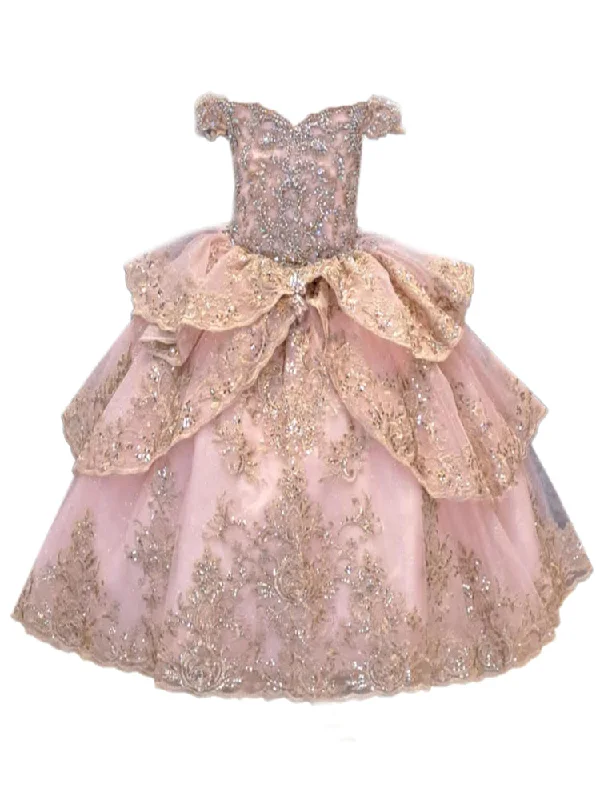 Women’s Evening Wear Little Girls Blush Glittery Gold Embroidered Off Shoulder Ball Gown 3-6