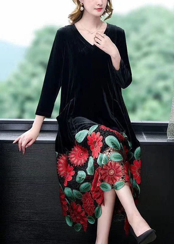 Clothing Store Modern Black V Neck Floral Patchwork Hollow Out Silk Velour Dress Spring