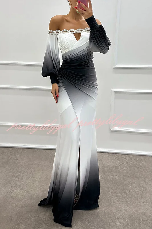 City Fashion Julieta Gradient Print Boat Neck Off Shoulder Gem Detail Slit Gown Maxi Dress
