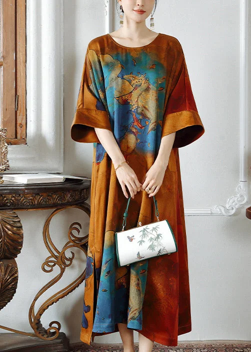 Style Beyond Borders Retro Orange O Neck Print Patchwork Silk Dresses Bracelet Sleeve