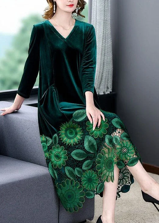 Fashionable Women's Outfit Elegant Green V Neck Embroideried Patchwork Silk Velour Dresses Spring