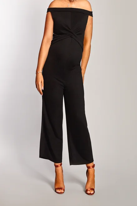 Casual Fashion Black Bardot Maternity Twist Front Culotte Jumpsuit