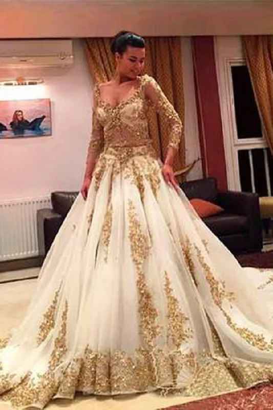 Quality Driven Apparel Roycebridal Gold Lace Beaded V-Neck Long Sleeves Ball Gown Wedding Dresses with Chapel Train, MW154