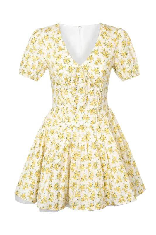 Casual Chic Short Sleeves Yellow Floral Print Short Dress