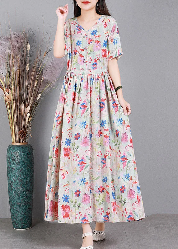 Fashion Forward Floral Colour V Neck Print Wrinkled Linen Dress Short Sleeve