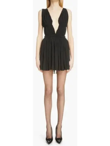 Casual Wear Black Pleated Open-Back Mini Dress