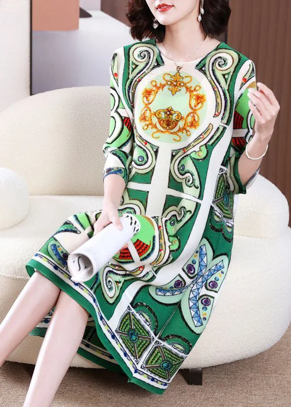 Easy Elegance Sales Bohemian Green Print Wrinkled A Liner Dress Bracelet Sleeve